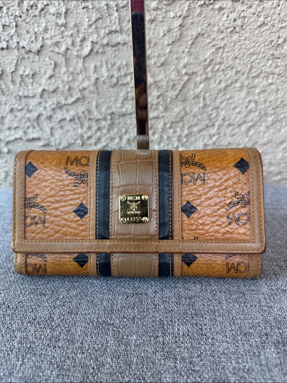 MCM Brown and Black Monogram Continental Wallet with Gold Plaque